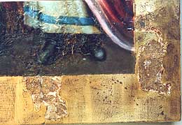 Detailed view, lower right, restoration in progress: gilded, polished and abraded.  Restored and preserved original areas, restorative retouching of the painting.